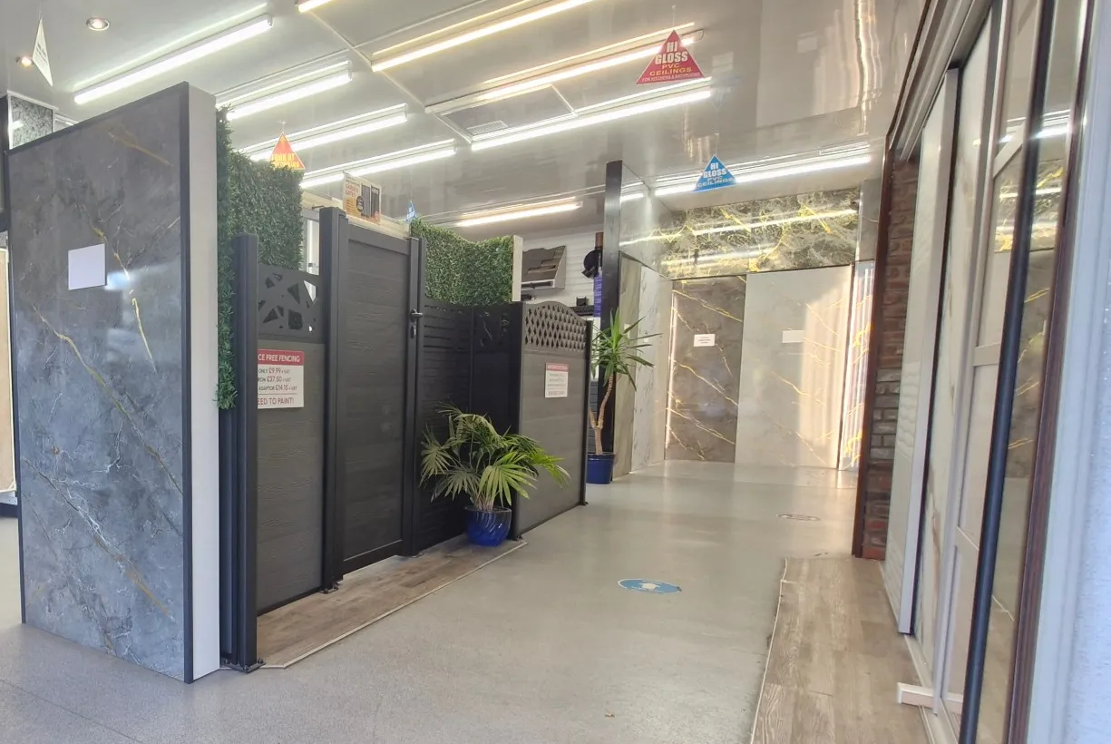 Inside our Liverpool showroom: marble-effect wall panels, composite fencing and gloss PVC ceilings